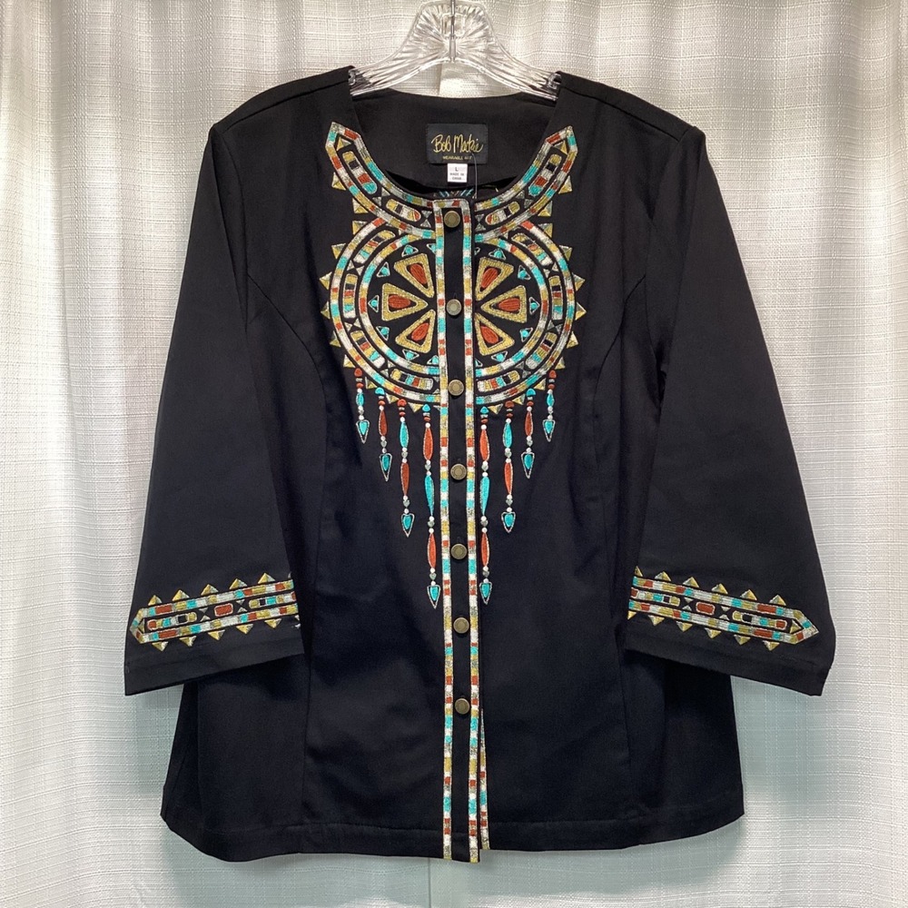 Bob Mackie Wearable Art Black Embroidered Metallic Button Front Jacket Large NWT